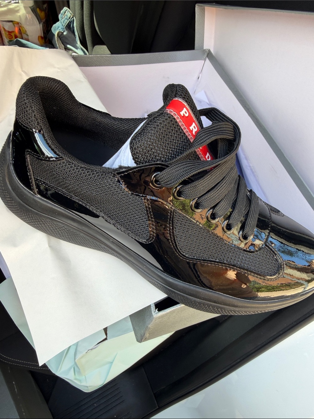 Prada Black Patent & Mesh Low-Top Sneaker with Red Logo Tab